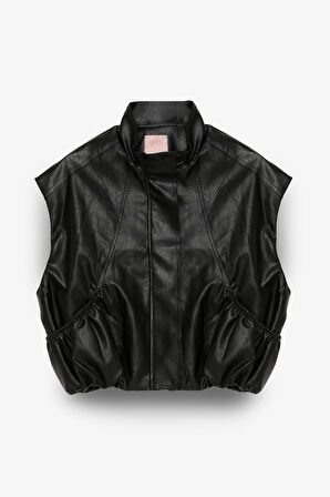 Büzgü Detaylı Dik Yaka Deri Yelek Siyah