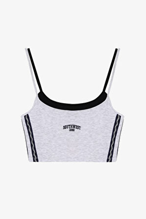 Çift Kat Görünümlü Yazı Nakışlı Crop Atlet Grimelanj