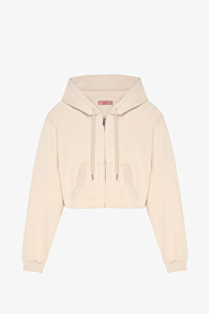 Kapüşonlu Fermuarlı Basic Sweatshirt Bej