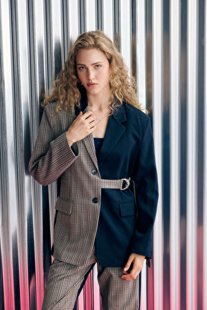 Ekose Garnili Kuşak Detaylı Oversize Blazer Ceket Lacivert