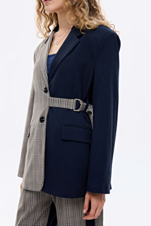 Ekose Garnili Kuşak Detaylı Oversize Blazer Ceket Lacivert