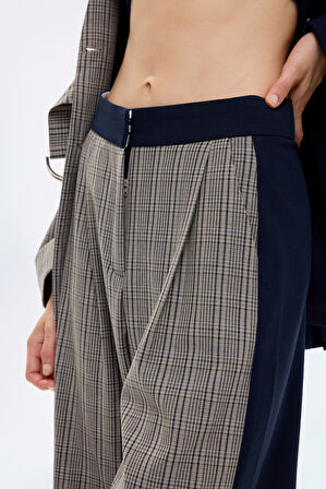 Ekose Garnili Bol Paça Pantolon Lacivert