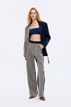 Ekose Garnili Bol Paça Pantolon Lacivert