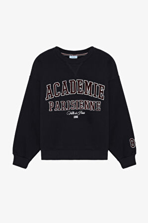 Yazı Baskılı Nakış İşlemeli Oversize Sweatshirt Lacivert