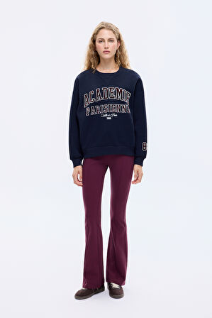 Yazı Baskılı Nakış İşlemeli Oversize Sweatshirt Lacivert