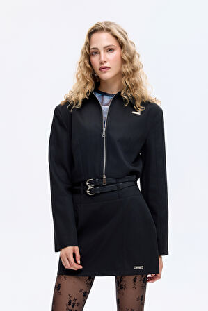 Çift Kemerli Metal Etiket Detaylı Mini Etek Siyah