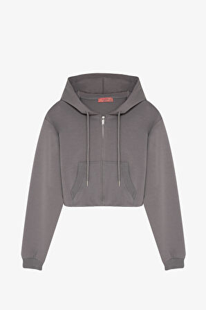 Kapüşonlu Fermuarlı Basic Sweatshirt Gri