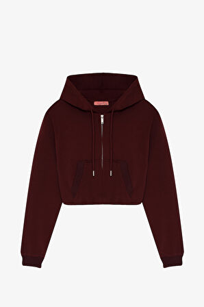 Kapüşonlu Fermuarlı Basic Sweatshirt Bordo