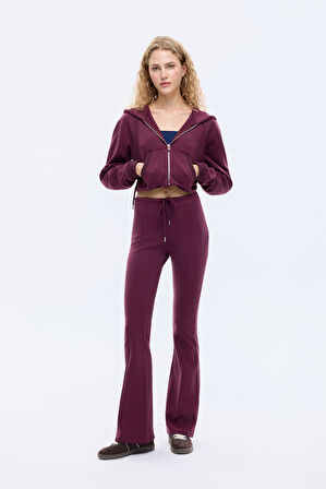 Kapüşonlu Fermuarlı Basic Sweatshirt Bordo