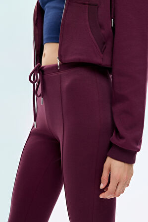 Beli Bağcıklı Dikiş Detaylı İspanyol Paça Pantolon Bordo