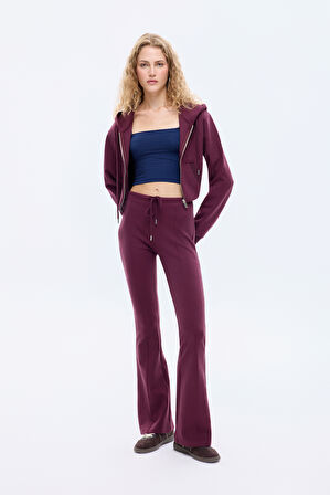 Beli Bağcıklı Dikiş Detaylı İspanyol Paça Pantolon Bordo