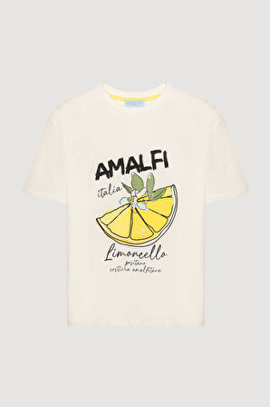 Amalfi Yazı Baskılı Limonlu Tişört Ekru