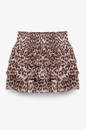 Fırfır Katlı Leopar Desenli Mini Etek Bej