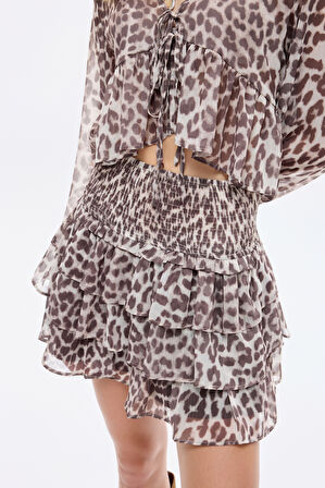 Fırfır Katlı Leopar Desenli Mini Etek Bej