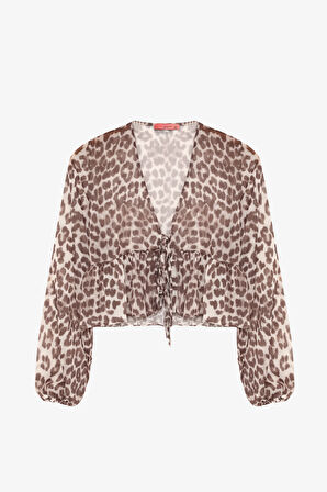 Leopar Desenli Bağcıklı Fırfırlı Tül Bluz Bej