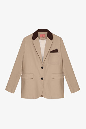 Kontrast Yaka Mendil Garnili Oversize Blazer Ceket Bej