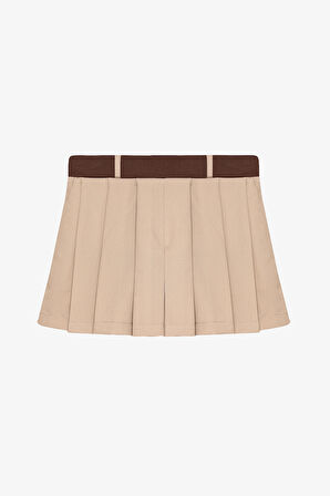Kontrast Bel Pileli Mini Şort Etek Bej