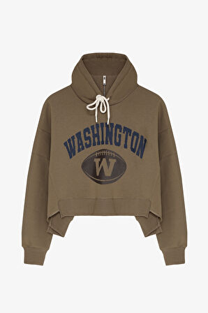 Dik Yaka Detaylı Önü Baskılı Kapüşonlu Sweatshirt Haki