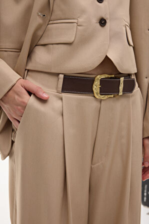 Kemerli Pileli Yüksek Bel Palazzo Pantolon Bej