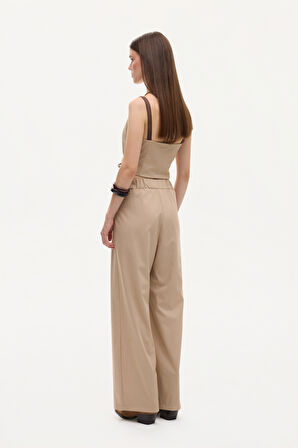 Kemerli Pileli Yüksek Bel Palazzo Pantolon Bej