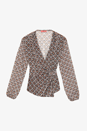 Retro Geometrik Desenli Kruvaze Bağlamalı Bluz Kahverengi