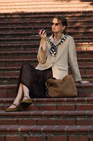 Kapak Cepli Süet Görünümlü Blazer Ceket Bej