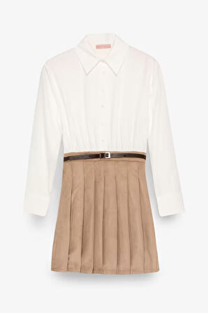 Süet Etek Garnili Kemer Aksesuarlı Mini Elbise Bej