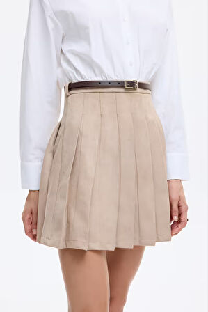 Süet Etek Garnili Kemer Aksesuarlı Mini Elbise Bej