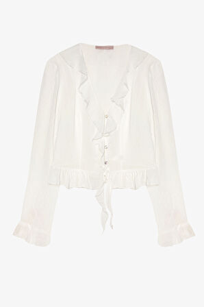 Fırfır Detaylı V Yaka Düğmeli Bluz Ekru