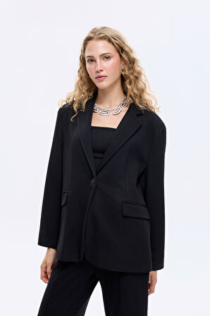 Tek Düğmeli Yumuşak Dokulu Oversize Blazer Ceket Siyah