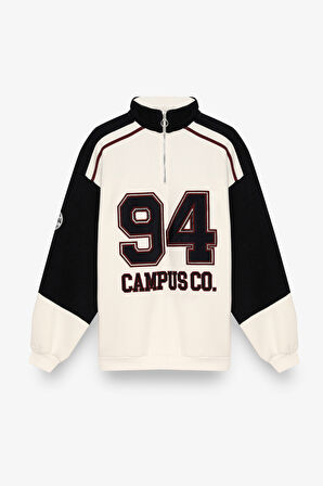 Dik Yaka Fermuarlı Renk Bloklu Oversize Sweatshirt Ekru