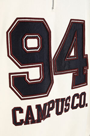 Dik Yaka Fermuarlı Renk Bloklu Oversize Sweatshirt Ekru