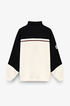 Dik Yaka Fermuarlı Renk Bloklu Oversize Sweatshirt Ekru