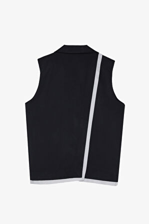 Kumaş Garnili Etiket Aksesuarlı Oversize Yelek Ceket Lacivert