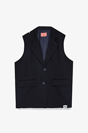 Kumaş Garnili Etiket Aksesuarlı Oversize Yelek Ceket Lacivert