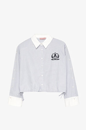Çizgili Manşet Kol Arma Nakışlı Gömlek Mavi