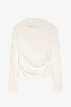 Drapeli Yüksek Yaka Uzun Kollu Basic Bluz Ekru