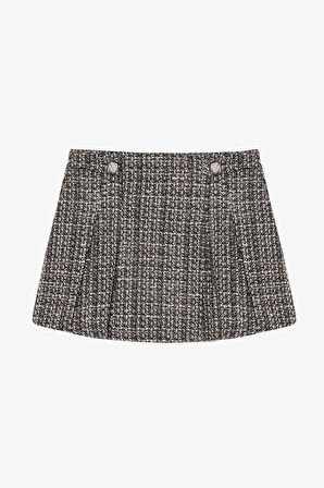 Pileli Düğme Aksesuarlı Tüvit Mini Etek Kahverengi