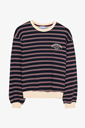 Çizgili Renk Bloklu Oversize Sweatshirt Lacivert