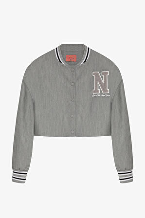 Harf Nakışlı Ribanalı Kısa Bomber Ceket Gri