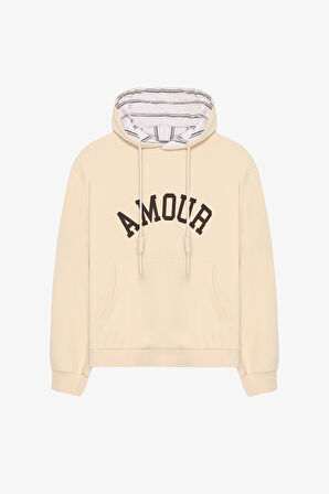 Amour Baskılı Kapüşonlu Oversize Sweatshirt Bej