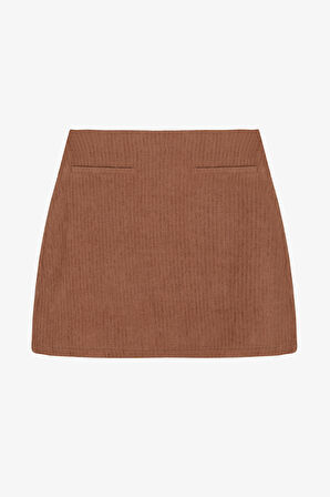 Fitilli Cep Detaylı Kadife Mini Etek Kahverengi