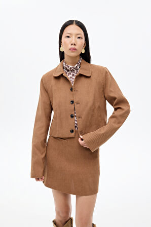 Vatkalı Gömlek Yaka Kadife Ceket Kahverengi
