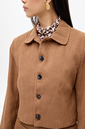 Vatkalı Gömlek Yaka Kadife Ceket Kahverengi