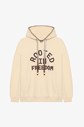 Kapüşonlu Kanguru Cepli Oversize Sweatshirt Bej