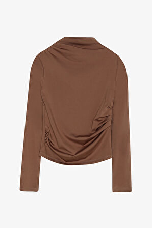 Drapeli Yüksek Yaka Uzun Kollu Basic Bluz Kahverengi