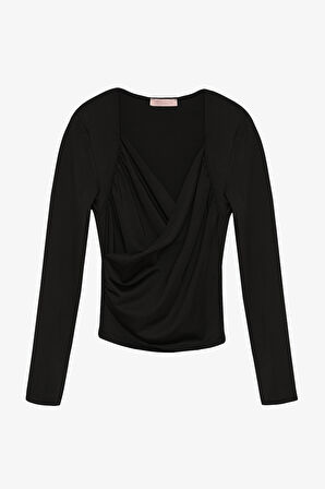 Kruvaze Yaka Drapeli Uzun Kollu Bluz Siyah