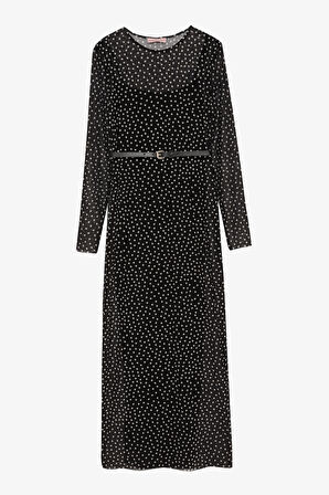 Kemer Aksesuarlı Puantiyeli Transparan Midi Elbise Siyah