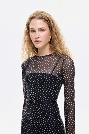 Kemer Aksesuarlı Puantiyeli Transparan Midi Elbise Siyah