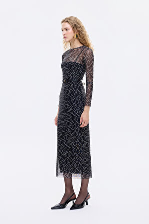 Kemer Aksesuarlı Puantiyeli Transparan Midi Elbise Siyah